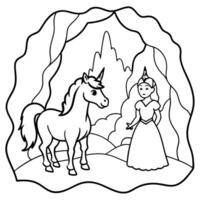Cute princess cuddles with a unicorn. Coloring book page with colorful template for kids. Isolated illustration. For coloring book vector
