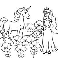 Cute princess cuddles with a unicorn. Coloring book page with colorful template for kids. Isolated illustration. For coloring book vector