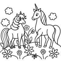 Cute princess cuddles with a unicorn. Coloring book page with colorful template for kids. Isolated illustration. For coloring book vector