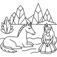 Cute princess cuddles with a unicorn. Coloring book page with colorful template for kids. Isolated illustration. For coloring book vector