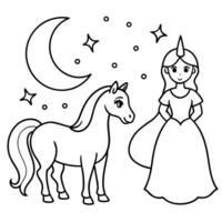 Cute princess cuddles with a unicorn. Coloring book page with colorful template for kids. Isolated illustration. For coloring book vector