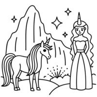 Cute princess cuddles with a unicorn. Coloring book page with colorful template for kids. Isolated illustration. For coloring book vector