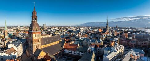 Beautiful aerial Riga view from above. Panoramic view of the Riga old town, the capital of Latvia. photo