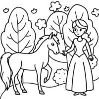 Cute princess cuddles with a unicorn. Coloring book page with colorful template for kids. Isolated illustration. For coloring book vector