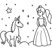 Cute princess cuddles with a unicorn. Coloring book page with colorful template for kids. Isolated illustration. For coloring book vector