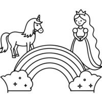 Cute princess cuddles with a unicorn. Coloring book page with colorful template for kids. Isolated illustration. For coloring book vector