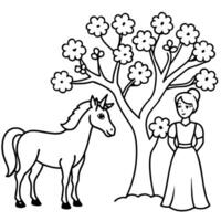 Cute princess cuddles with a unicorn. Coloring book page with colorful template for kids. Isolated illustration. For coloring book vector