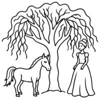 Cute princess cuddles with a unicorn. Coloring book page with colorful template for kids. Isolated illustration. For coloring book vector