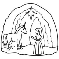 Cute princess cuddles with a unicorn. Coloring book page with colorful template for kids. Isolated illustration. For coloring book vector