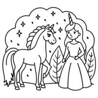 Cute princess cuddles with a unicorn. Coloring book page with colorful template for kids. Isolated illustration. For coloring book vector