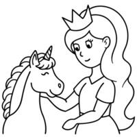 Cute princess cuddles with a unicorn. Coloring book page with colorful template for kids. Isolated illustration. For coloring book vector