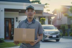 Handsome asian man in gray uniform holding blank cardboard parcel, delivery man standing in front of the house photo