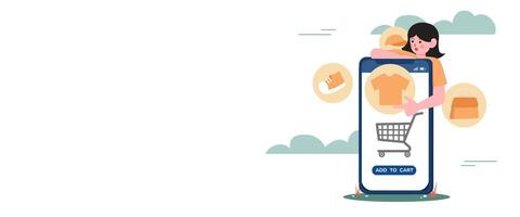 woman pointing at the screen to buy online store. shopping online concept. Remote modern shopping using technology from anywhere. illustration. vector