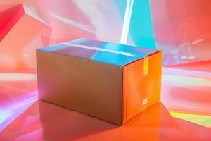 Contemporary packaging promotion showcasing a cardboard box, background of geometric shapes photo