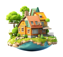 Fantasy House Floating Island 3D Style Isolated on Transparent Background png