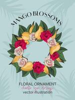 The illustration depicts a variety of organic items such as petals, roses, mango, and leaves forming a circular frame with space for your text. The background is a pale, soothing blue with tropical vector