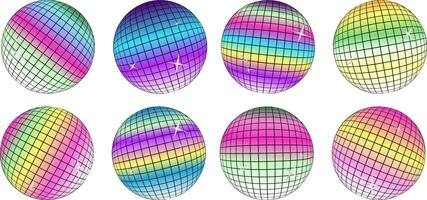 Set of 8 disco balls with silver glitter, gradient colors of rainbow, lgbt, and unicorns creating a dynamic and festive atmosphere for your party design. vector