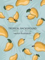 A background for your text featuring a pale blue hue with silhouettes of tropical leaves, scattered with vibrant, juicy mangoes in a simple flat style. vector