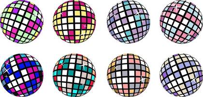 A set of 8 disco balls with glitter in various bright and unusual colors, showcasing vibrant sparkle and shine for a dynamic and festive feel vector
