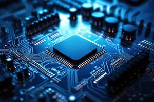 Close-up of a blue circuit board with a central microchip processor photo