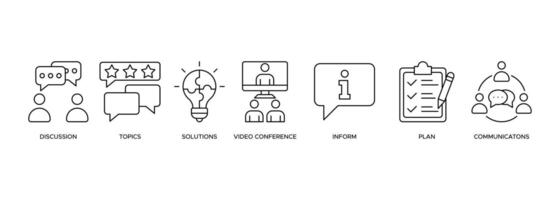 Meeting banner web icon illustration for business meeting and discussion with communications, topics, solutions, plan and inform vector