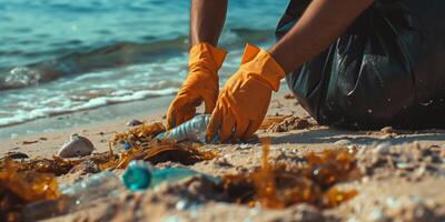 Hands picking up plastic trash on beach. Problem of environmental pollution by plastic and its recycling. photo