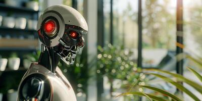 Robots replacing humans in workplace concept. Cyborg robot based on artificial intelligence in modern office. photo