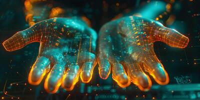 Artificial intelligence using for information security, network technology and computer innovation concept. Futuristic blue coloured hands of cyborg hands illuminated orange. photo