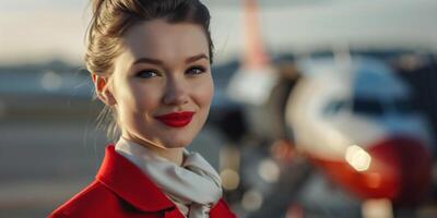 Flight attendant in red uniform stands in front of passenger plane. Widescreen banner, copy space. photo