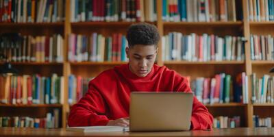 Preparing for exams, studying at college. Student sitting at desk in library and takes note using laptop. photo