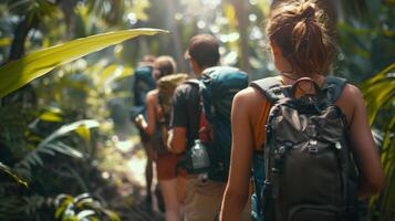view from the back of tourists walking along a path in the rainforest photo