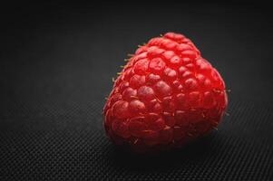 One red raspberry on a black background macro shot photo