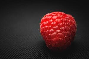 One red raspberry on a black background macro shot photo