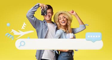 3d search and review bar, plane over happy attractive young couple tourists looking for hotel, places to visit online, yellow background. Travel and tourism, summer holiday planning, collage photo