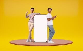 Man And Woman Leaning At Big Smartphone With Blank White Screen, Happy Multiethnic Couple Recommending New Mobile Application Or Website, Advertising Online Offer, Yellow Background, Collage, Mockup photo