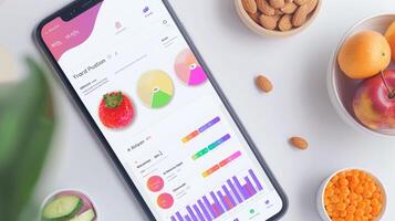 A smartphone displaying a health and fitness app with graphs and charts, surrounded by various healthy snacks like almonds, fruits, and orange seeds. photo