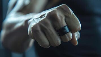 A closeup image of a black smart ring worn on a persons finger. The ring is prominently featured, with the rest of the persons hand and arm slightly out of focus in the background. photo