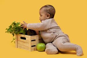 Little Farmer. Cute Baby Boy Playing With Fresh Ripe Vegetables And Fruits Sitting Near Wooden Box With Harvest Over Yellow Background, Studio Shot. Grocery Shopping And Healthy Food Products photo