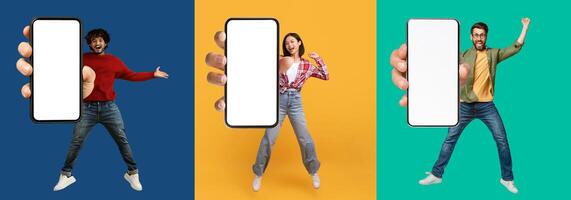 Happy multiethnic millennials two guys and one woman jumping in the air with smartphones in their hands, showing phone blank empty screen, colorful background, set of photos, collage photo