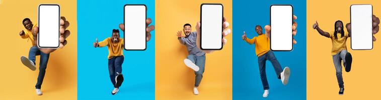 Set of overjoyed happy excited multiethnic millennials five guys showing phones with white empty screen while posing over colorful background, gesturing, collage. Mobile app photo