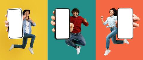 Glad multiethnic millennials two women and one guy jumping in the air with smartphones in their hands, showing phone white blank empty screen, colorful background, set of photos, collage photo