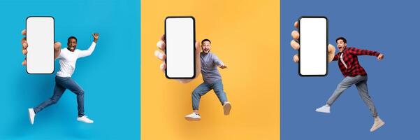 Happy multiethnic millennials three guys jumping in the air with smartphones in their hands, showing phone blank empty screen, colorful background, set of photos, collage photo