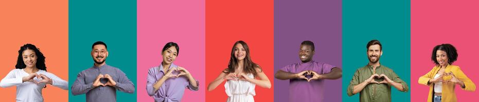 Love, affection, gratitude, human emotions and gestures concept. Happy smiling multicultural millennial men and women showing heart shape gesture over colorful backgrounds, collage photo