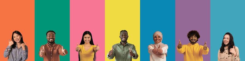 Human emotions and gestures concept. Happy smiling multicultural millennial men and women showing thumb ups gesture over colorful backgrounds, collage, banner photo