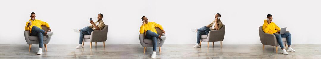 Gadgets Lifestyle. Set Of African American Guy Talking And Texting Via Phone And Using Laptop Computer For Remote Work Sitting In Armchair On White Studio Background. Collage, Panorama photo