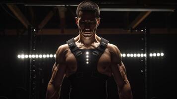 A muscular man in a dark gym setting wears a black safety vest with bright white lights. photo