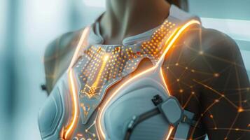 A close-up shot of a womans torso wearing a futuristic suit with glowing lines and patterns. photo