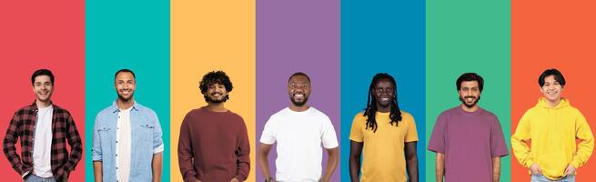Diversity And Variety Concept. Creative composite collage series of optimistic multicultural men smiling on colorful studio backgrounds. Headshot portraits of multiracial guys, male photoshoot photo