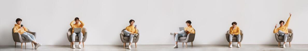 Internet And Gadgets. Collage With Asian Guy Using Laptop And Cellphone, Browsing Web Engaging In Digital Leisure, Expressing Different Positive And Negative Emotions, Sitting In Chair Indoor photo