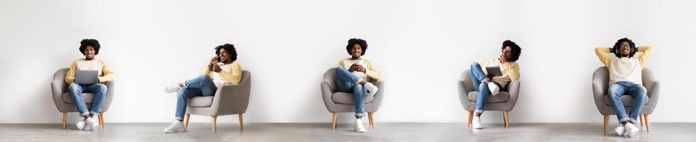 Digital Activities. Collage With Happy Black Guy Using Different Gadgets Sitting In Armchair, Browsing Internet On Laptop, Smartphone And Digital Tablet At Home, Enjoying Online Leisure. Panorama photo